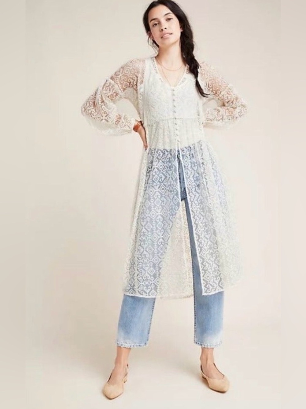ANTHROPOLOGIE MAEVE San-Michel Lace Duster Dress Coverup Ivory White L - Picture 4 of 16